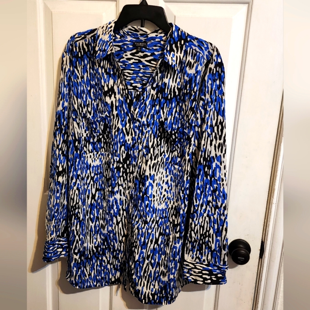 Talbots Nantucket 3X blue black animal print long sleeved blouse
